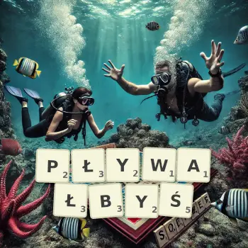 Kreatywna ilustracja do gry w Scrabble ze słowem PŁYWAŁBYŚ ułożonym z płytek na planszy.