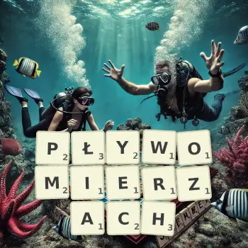 Kreatywna ilustracja do gry w Scrabble ze słowem PŁYWOMIERZACH ułożonym z płytek na planszy.