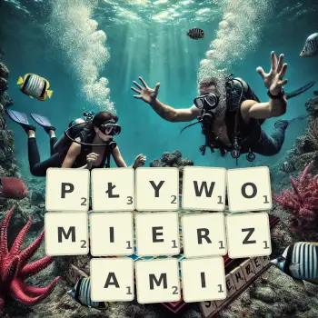 Kreatywna ilustracja do gry w Scrabble ze słowem PŁYWOMIERZAMI ułożonym z płytek na planszy.