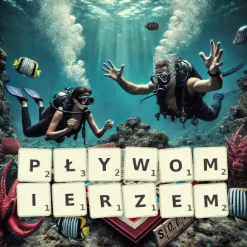 Kreatywna ilustracja do gry w Scrabble ze słowem PŁYWOMIERZEM ułożonym z płytek na planszy.