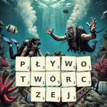 Kreatywna ilustracja do gry w Scrabble ze słowem PŁYWOTWÓRCZEJ ułożonym z płytek na planszy.