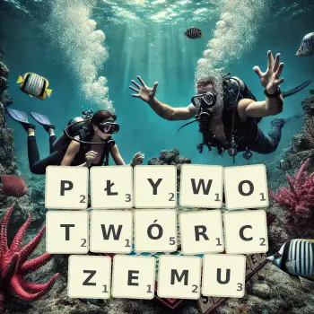 Kreatywna ilustracja do gry w Scrabble ze słowem PŁYWOTWÓRCZEMU ułożonym z płytek na planszy.