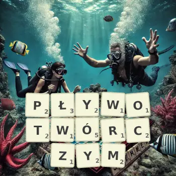 Kreatywna ilustracja do gry w Scrabble ze słowem PŁYWOTWÓRCZYM ułożonym z płytek na planszy.