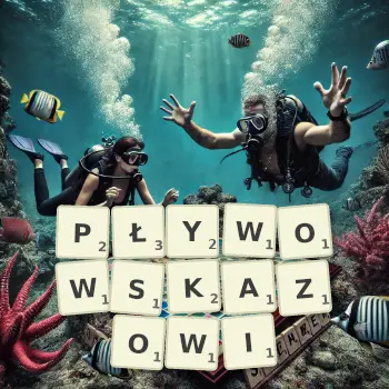 Kreatywna ilustracja do gry w Scrabble ze słowem PŁYWOWSKAZOWI ułożonym z płytek na planszy.
