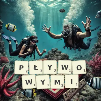 Kreatywna ilustracja do gry w Scrabble ze słowem PŁYWOWYMI ułożonym z płytek na planszy.
