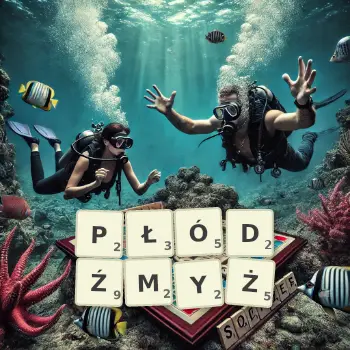 Kreatywna ilustracja do gry w Scrabble ze słowem PŁÓDŹMYŻ ułożonym z płytek na planszy.