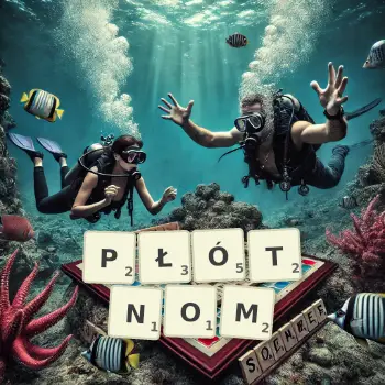 Kreatywna ilustracja do gry w Scrabble ze słowem PŁÓTNOM ułożonym z płytek na planszy.