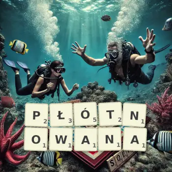 Kreatywna ilustracja do gry w Scrabble ze słowem PŁÓTNOWANA ułożonym z płytek na planszy.