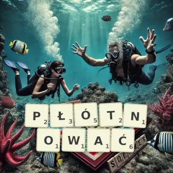 Kreatywna ilustracja do gry w Scrabble ze słowem PŁÓTNOWAĆ ułożonym z płytek na planszy.