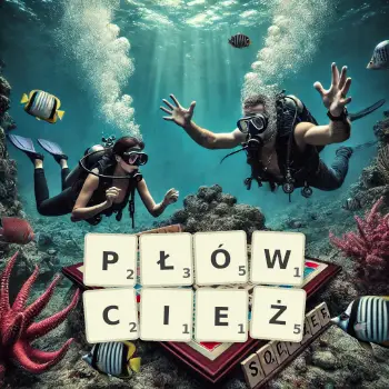 Kreatywna ilustracja do gry w Scrabble ze słowem PŁÓWCIEŻ ułożonym z płytek na planszy.