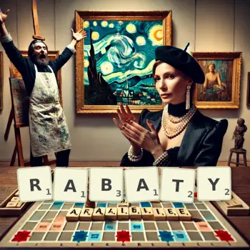 Kreatywna ilustracja do gry w Scrabble ze słowem RABATY ułożonym z płytek na planszy.