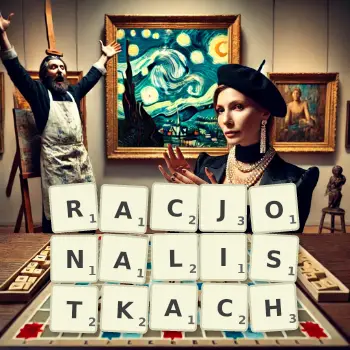 Kreatywna ilustracja do gry w Scrabble ze słowem RACJONALISTKACH ułożonym z płytek na planszy.
