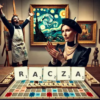 Kreatywna ilustracja do gry w Scrabble ze słowem RACZA ułożonym z płytek na planszy.