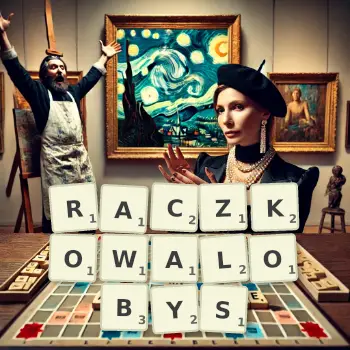 Kreatywna ilustracja do gry w Scrabble ze słowem RACZKOWALOBYS ułożonym z płytek na planszy.