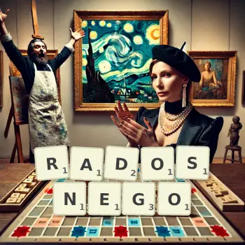 Kreatywna ilustracja do gry w Scrabble ze słowem RADOSNEGO ułożonym z płytek na planszy.