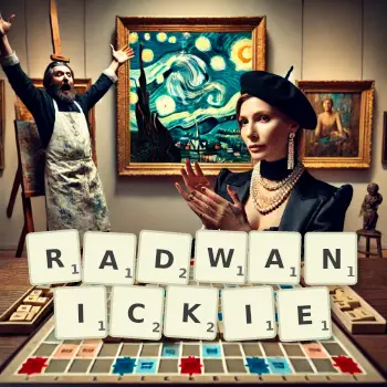 Kreatywna ilustracja do gry w Scrabble ze słowem RADWANICKIE ułożonym z płytek na planszy.