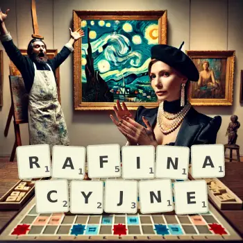 Kreatywna ilustracja do gry w Scrabble ze słowem RAFINACYJNE ułożonym z płytek na planszy.