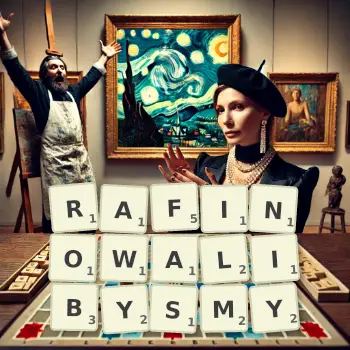Kreatywna ilustracja do gry w Scrabble ze słowem RAFINOWALIBYSMY ułożonym z płytek na planszy.