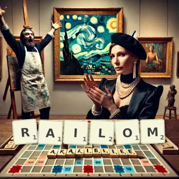 Kreatywna ilustracja do gry w Scrabble ze słowem RAILOM ułożonym z płytek na planszy.