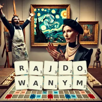 Kreatywna ilustracja do gry w Scrabble ze słowem RAJDOWANYM ułożonym z płytek na planszy.