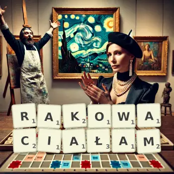 Kreatywna ilustracja do gry w Scrabble ze słowem RAKOWACIAŁAM ułożonym z płytek na planszy.