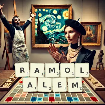 Kreatywna ilustracja do gry w Scrabble ze słowem RAMOLALEM ułożonym z płytek na planszy.