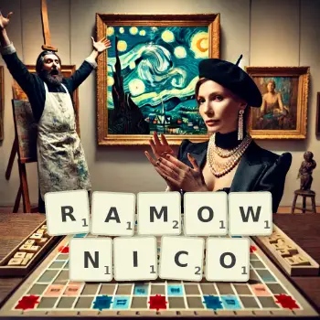 Kreatywna ilustracja do gry w Scrabble ze słowem RAMOWNICO ułożonym z płytek na planszy.