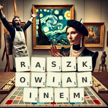 Kreatywna ilustracja do gry w Scrabble ze słowem RASZKOWIANINEM ułożonym z płytek na planszy.