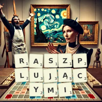 Kreatywna ilustracja do gry w Scrabble ze słowem RASZPLUJĄCYMI ułożonym z płytek na planszy.