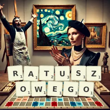Kreatywna ilustracja do gry w Scrabble ze słowem RATUSZOWEGO ułożonym z płytek na planszy.