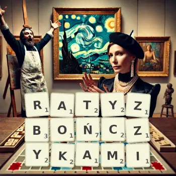 Kreatywna ilustracja do gry w Scrabble ze słowem RATYZBOŃCZYKAMI ułożonym z płytek na planszy.