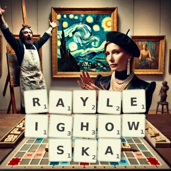 Kreatywna ilustracja do gry w Scrabble ze słowem RAYLEIGHOWSKA ułożonym z płytek na planszy.