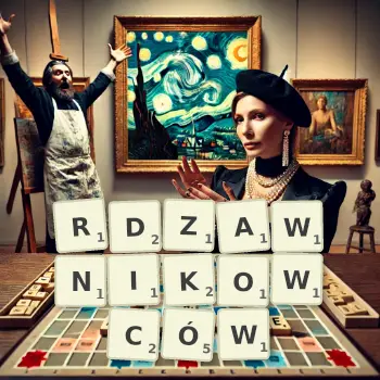 Kreatywna ilustracja do gry w Scrabble ze słowem RDZAWNIKOWCÓW ułożonym z płytek na planszy.
