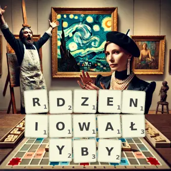Kreatywna ilustracja do gry w Scrabble ze słowem RDZENIOWAŁYBY ułożonym z płytek na planszy.