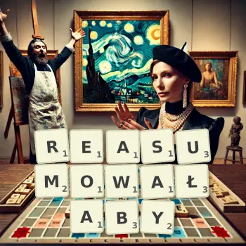 Kreatywna ilustracja do gry w Scrabble ze słowem REASUMOWAŁABY ułożonym z płytek na planszy.