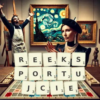 Kreatywna ilustracja do gry w Scrabble ze słowem REEKSPORTUJCIE ułożonym z płytek na planszy.