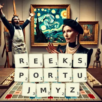 Kreatywna ilustracja do gry w Scrabble ze słowem REEKSPORTUJMYZ ułożonym z płytek na planszy.