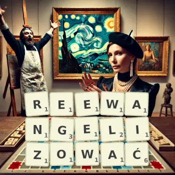 Kreatywna ilustracja do gry w Scrabble ze słowem REEWANGELIZOWAĆ ułożonym z płytek na planszy.