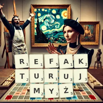 Kreatywna ilustracja do gry w Scrabble ze słowem REFAKTURUJMYŻ ułożonym z płytek na planszy.