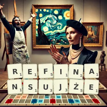 Kreatywna ilustracja do gry w Scrabble ze słowem REFINANSUJŻE ułożonym z płytek na planszy.