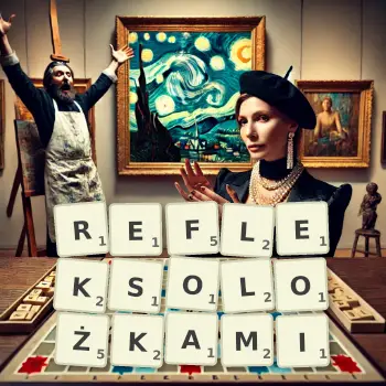 Kreatywna ilustracja do gry w Scrabble ze słowem REFLEKSOLOŻKAMI ułożonym z płytek na planszy.