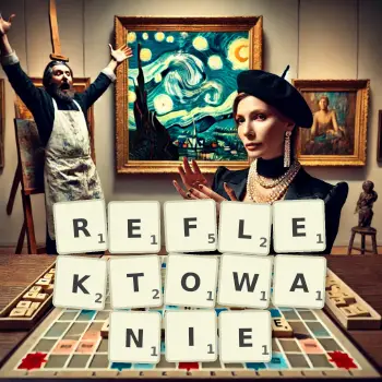 Kreatywna ilustracja do gry w Scrabble ze słowem REFLEKTOWANIE ułożonym z płytek na planszy.