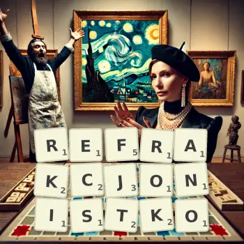 Kreatywna ilustracja do gry w Scrabble ze słowem REFRAKCJONISTKO ułożonym z płytek na planszy.