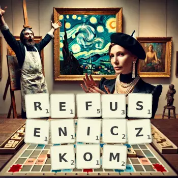 Kreatywna ilustracja do gry w Scrabble ze słowem REFUSENICZKOM ułożonym z płytek na planszy.
