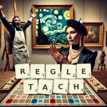 Kreatywna ilustracja do gry w Scrabble ze słowem REGLETACH ułożonym z płytek na planszy.