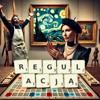 Kreatywna ilustracja do gry w Scrabble ze słowem REGULACJĄ ułożonym z płytek na planszy.