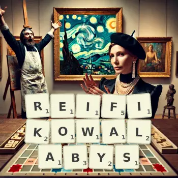 Kreatywna ilustracja do gry w Scrabble ze słowem REIFIKOWALABYS ułożonym z płytek na planszy.