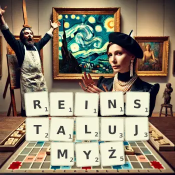 Kreatywna ilustracja do gry w Scrabble ze słowem REINSTALUJMYŻ ułożonym z płytek na planszy.