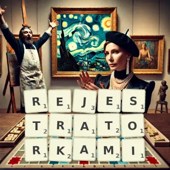 Kreatywna ilustracja do gry w Scrabble ze słowem REJESTRATORKAMI ułożonym z płytek na planszy.