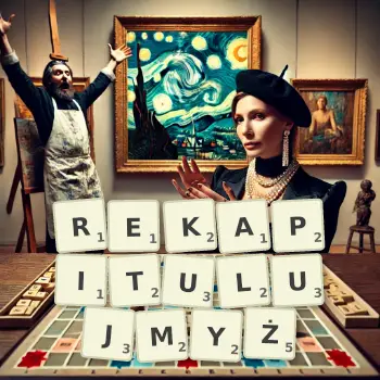 Kreatywna ilustracja do gry w Scrabble ze słowem REKAPITULUJMYŻ ułożonym z płytek na planszy.